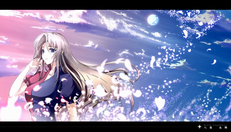 Anime Girl with Long Hair — Blue, Serene, Night, Moon