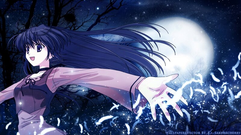 Anime Girl with Long Hair — Blue, Serene, Night, Moon, Trees