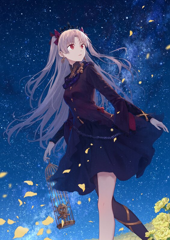 Anime Girl with Long Hair — Blue, Serene, Night, Starry Sky