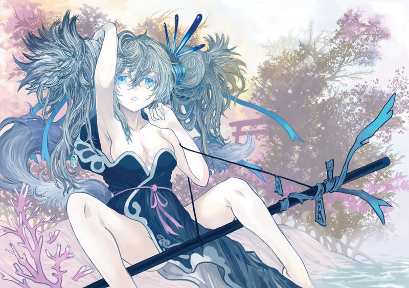 Anime Girl with Long Hair — Blue, Serene, Spring, Digital Art