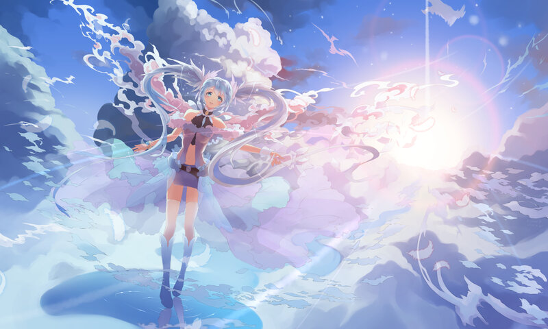 Anime Girl with Long Hair — Blue, Serene, Sunrise