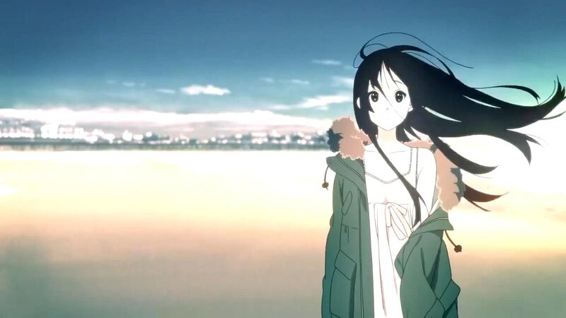 Anime Girl with Long Hair — Blue, Serene, Sunset, Coat