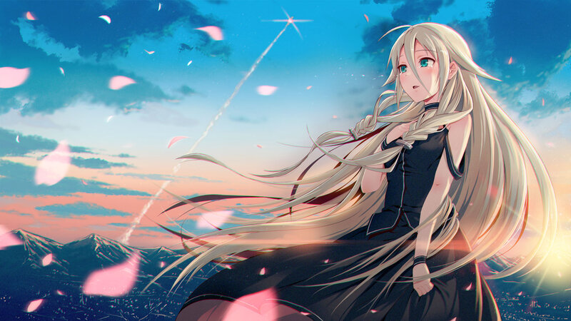 Anime Girl with Long Hair — Blue, Serene, Sunset, Digital Art, Flower Petals