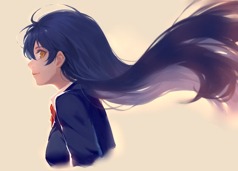 Anime Girl with Long Hair — Blue, Serene, Sunset, Digital Art, School Uniform