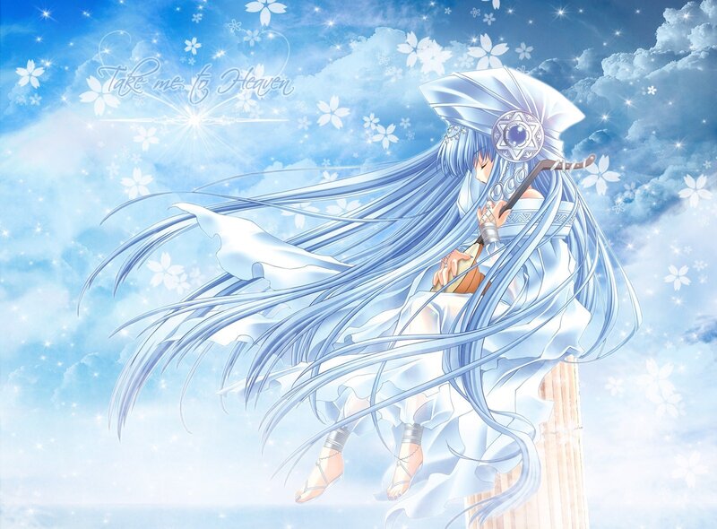 Anime Girl with Long Hair — Blue, Serene, Sword, Clouds