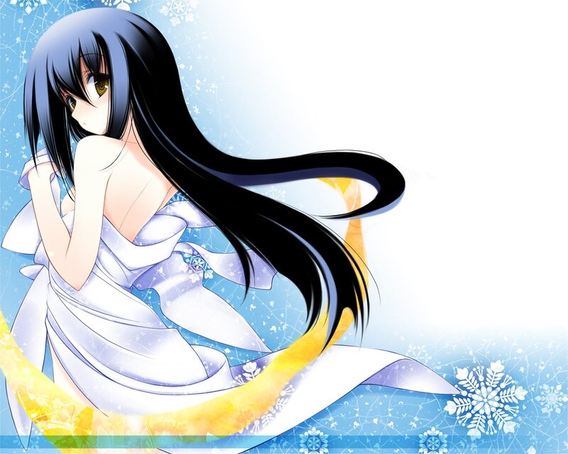 Anime Girl with Long Hair — Blue, Serene, Winter, Snowflakes, Long Hair