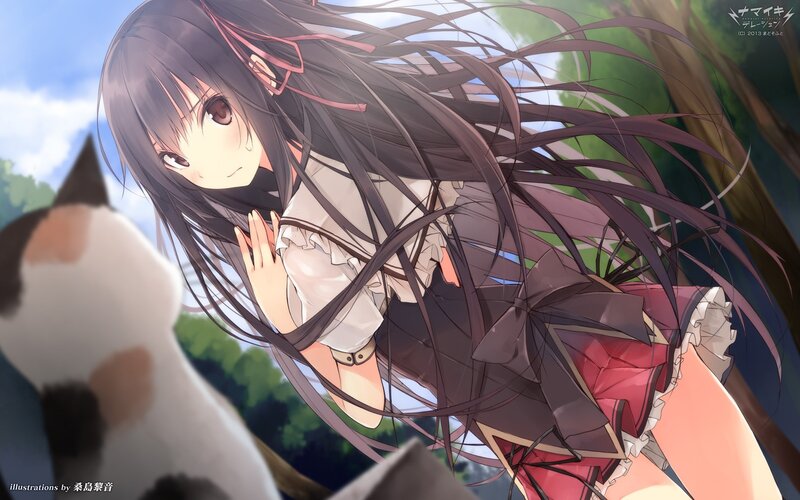 Anime Girl with Long Hair — Brown, Calm, Afternoon, Cat