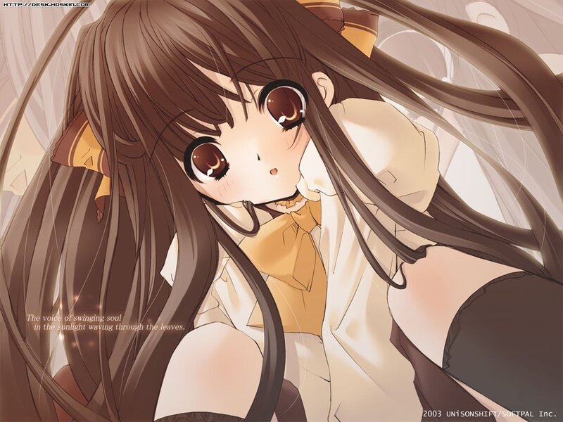 Anime Girl with Long Hair — Brown, Calm, Afternoon, Long Brown Hair, Yellow Bow