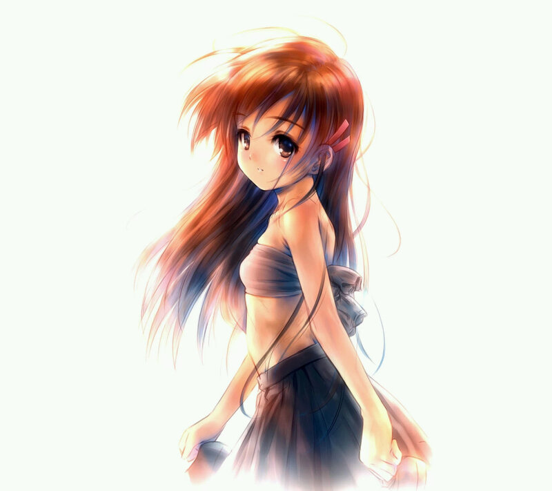 Anime Girl with Long Hair — Brown, Calm, Digital Art, Long Hair, Striped Top