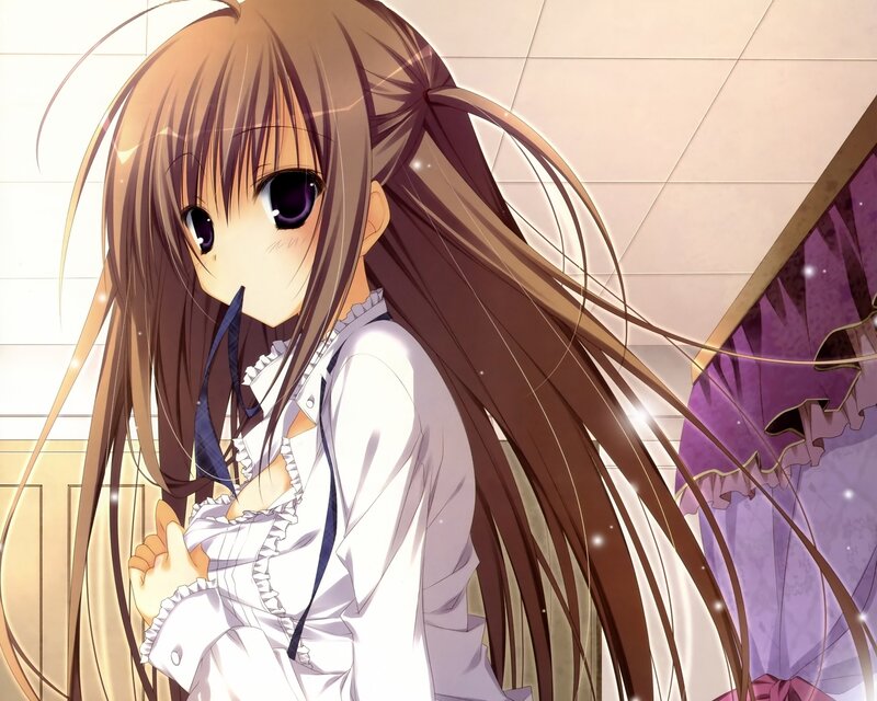 Anime Girl with Long Hair — Brown, Calm, White Blouse