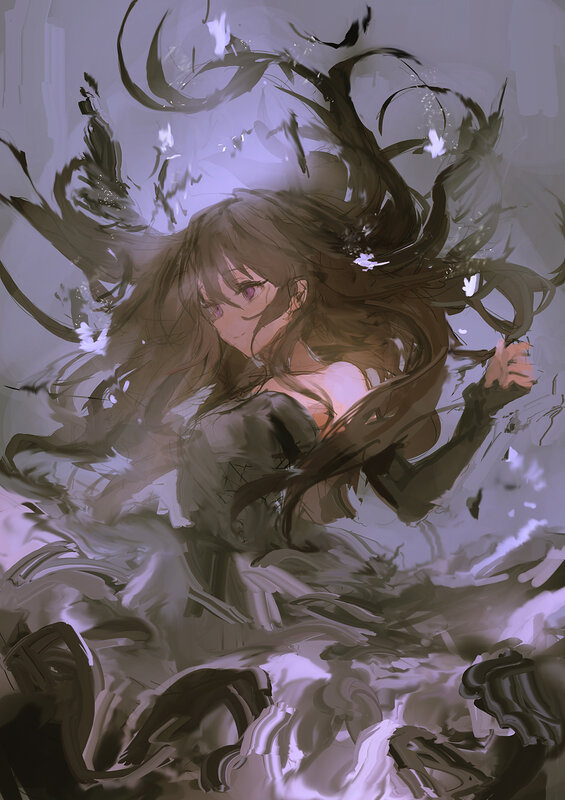 Anime Girl with Long Hair — Brown, Dramatic, Digital Art, Dress