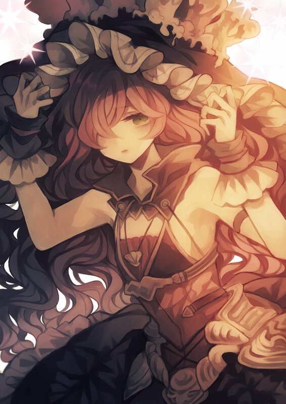 Anime Girl with Long Hair — Brown, Dramatic, Sunset, Digital Art, Hat