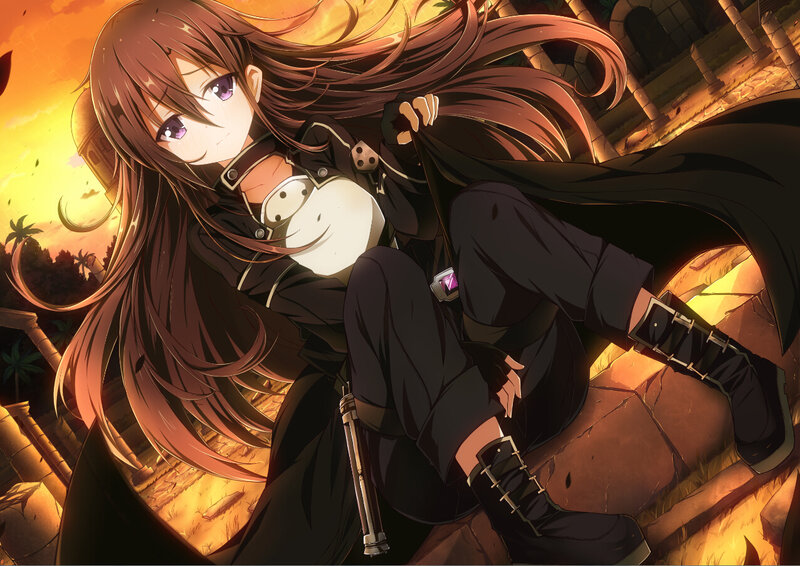 Anime Girl with Long Hair — Brown, Dramatic, Sunset, Sword