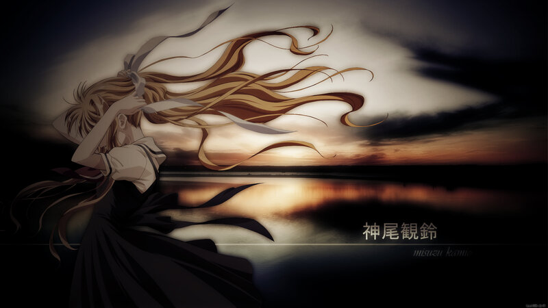 Anime Girl with Long Hair — Brown, Dramatic, Sunset, Water, Sky