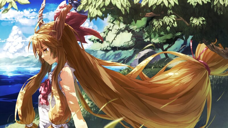 Anime Girl with Long Hair — Brown, Serene, Afternoon, Tree, Sky