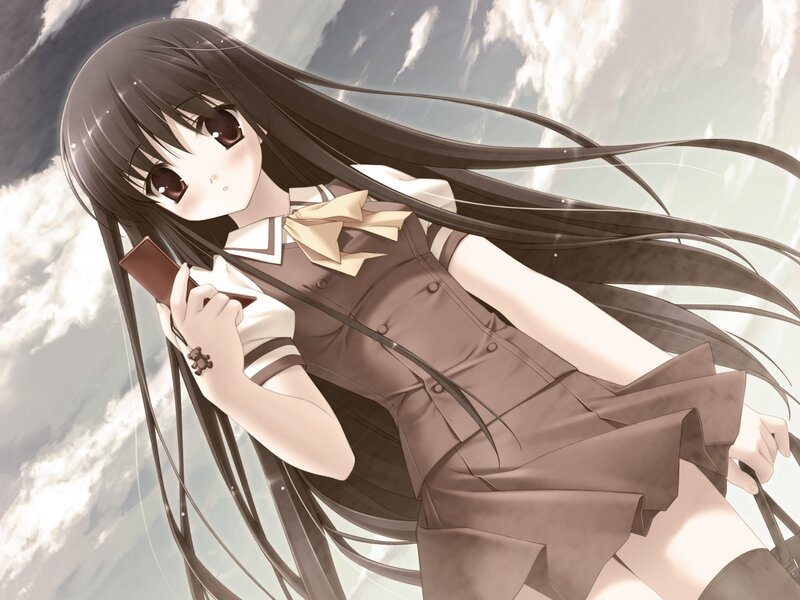 Anime Girl with Long Hair — Brown, Serene, School Uniform