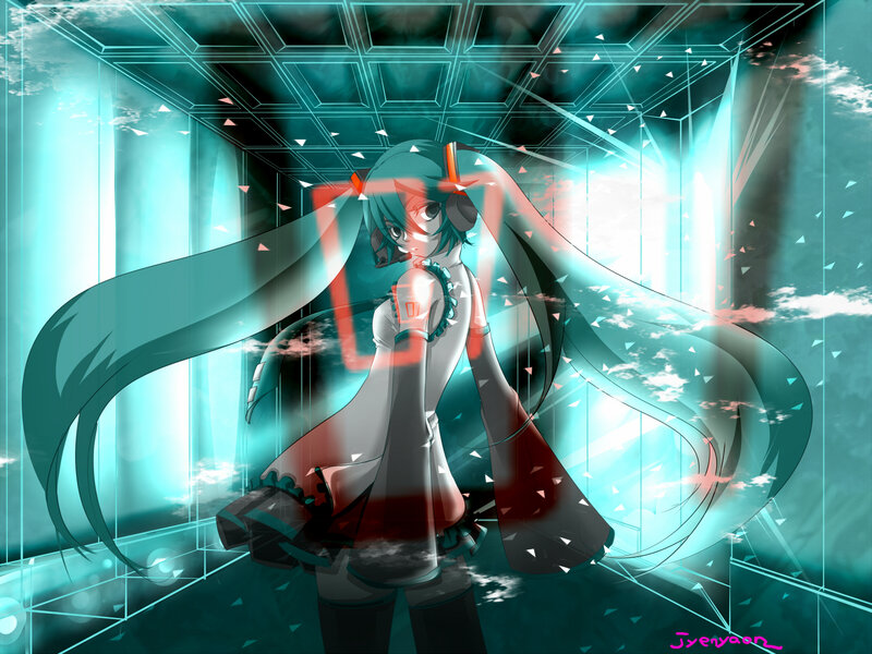 Anime Girl with Long Hair — Cyan, Dramatic, Digital Art, Long Hair, Headphones, Digital Grid