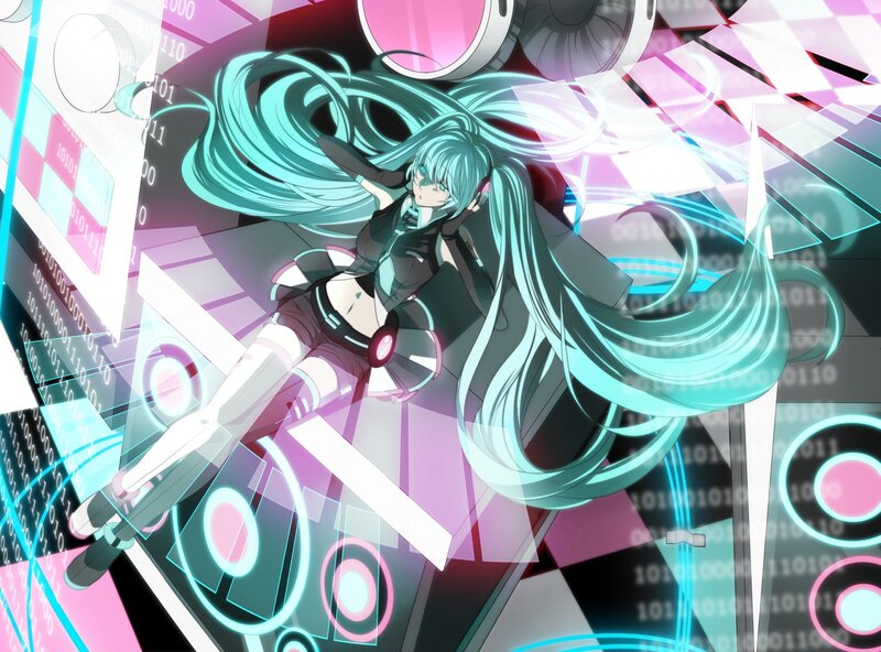 Anime Girl with Long Hair — Cyan, Dynamic, Binary Code