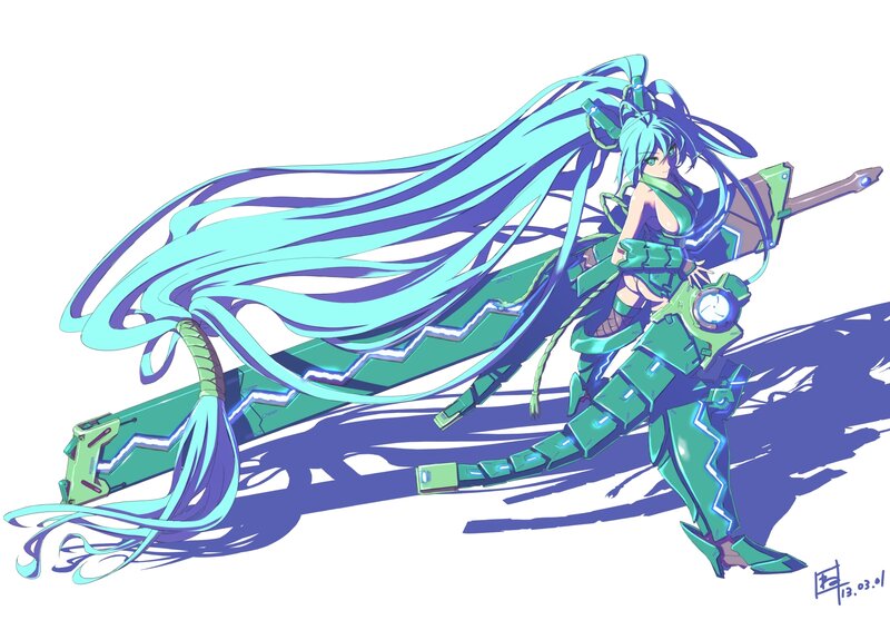 Anime Girl with Long Hair — Cyan, Dynamic, Digital Art, Sword