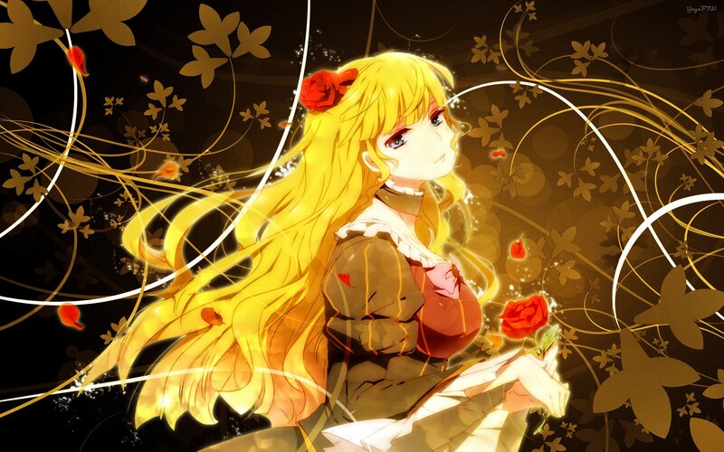 Anime Girl with Long Hair — Gold, Dramatic, Digital Art