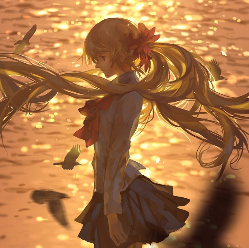 Anime Girl with Long Hair — Gold, Serene, Sunset