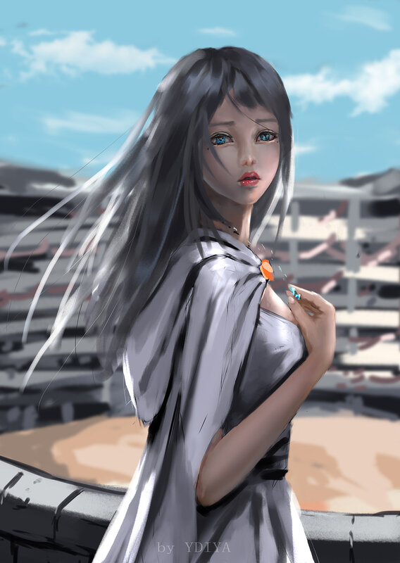 Anime Girl with Long Hair — Gray, Calm, Afternoon, Digital Art