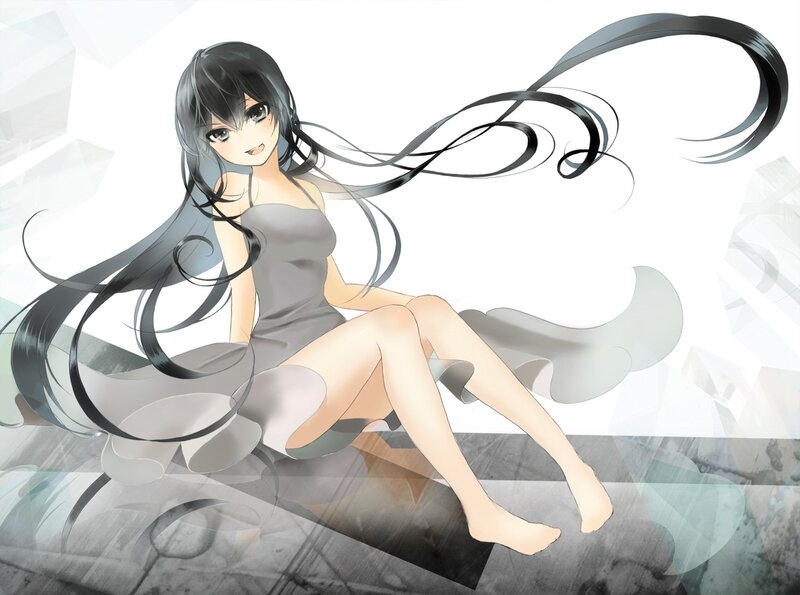 Anime Girl with Long Hair — Gray, Calm, Digital Art, Dress, Long Hair