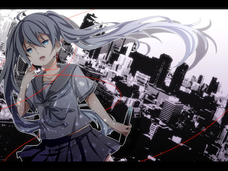 Anime Girl with Long Hair — Gray, Dramatic, Cityscape