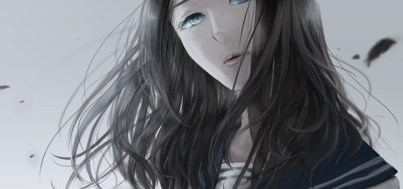 Anime Girl with Long Hair — Gray, Dramatic, Digital Art, Eyes
