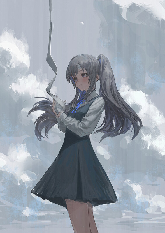 Anime Girl with Long Hair — Gray, Dramatic, Digital Art, School Uniform
