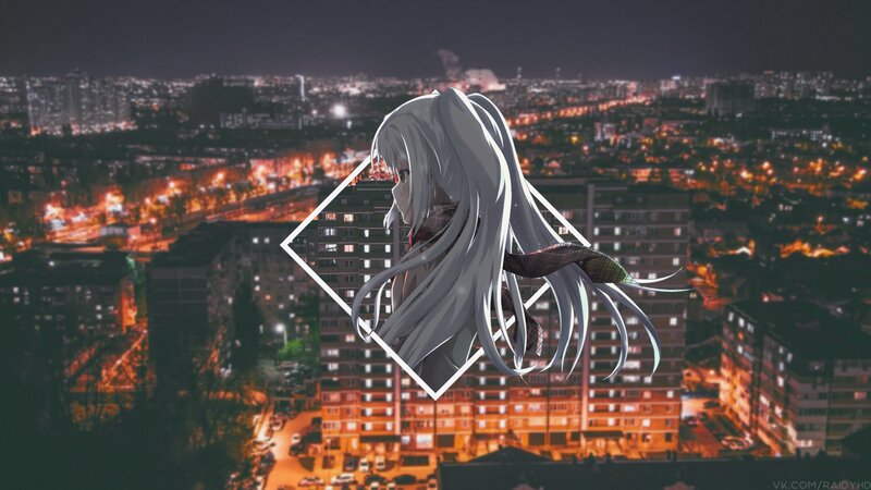 Anime Girl with Long Hair — Gray, Dramatic, Night, Digital Art