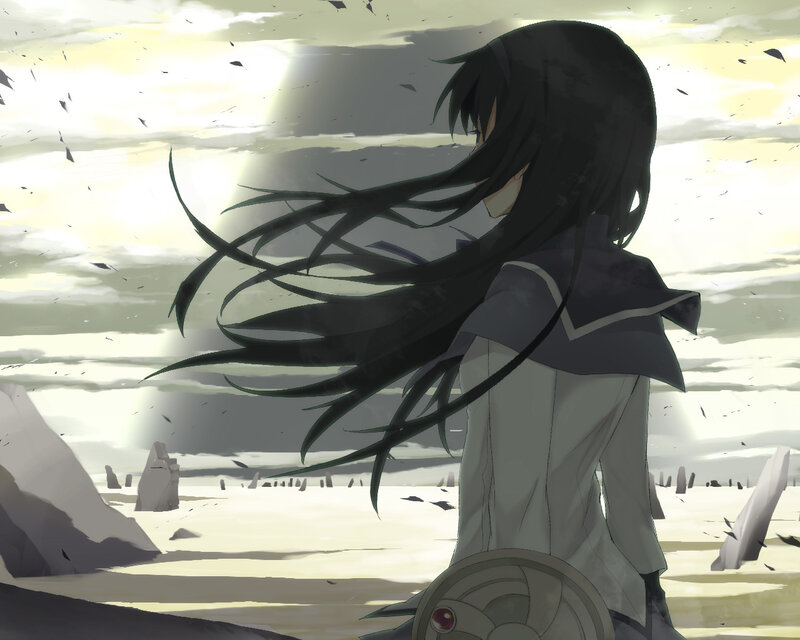 Anime Girl with Long Hair — Gray, Dramatic, Sunset