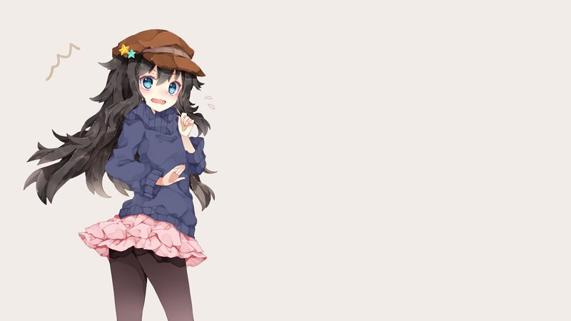 Anime Girl with Long Hair — Gray, Playful, Hat