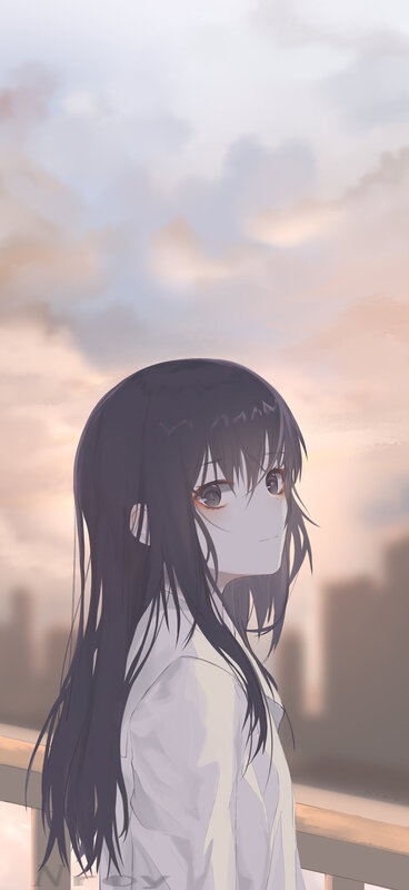 Anime Girl with Long Hair — Gray, Serene, Sunset