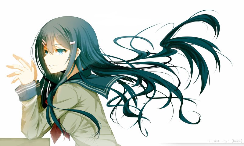 Anime Girl with Long Hair — Green, Calm, Digital Art, School Uniform