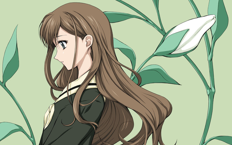 Anime Girl with Long Hair — Green, Calm, Flower