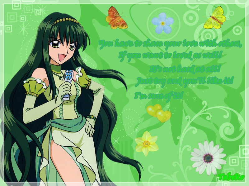 Anime Girl with Long Hair — Green, Cheerful