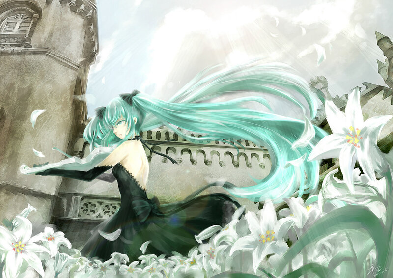 Anime Girl with Long Hair — Green, Dramatic, Afternoon, Digital Art