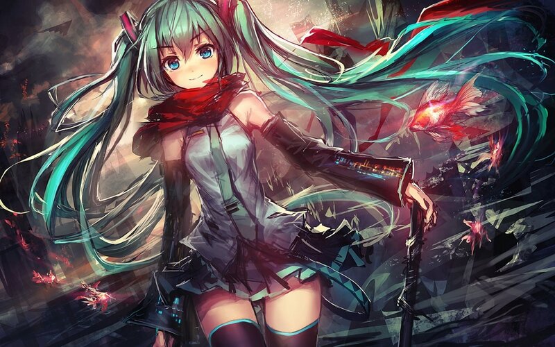 Anime Girl with Long Hair — Green, Dramatic, Digital Art, Fish