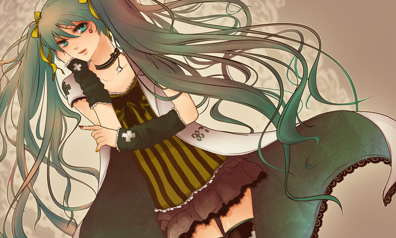 Anime Girl with Long Hair — Green, Dramatic, Digital Art, Long Hair, Striped Dress