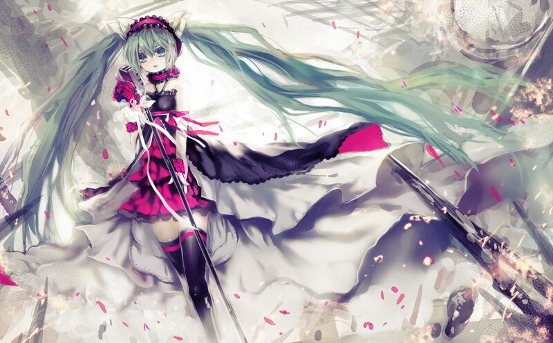 Anime Girl with Long Hair — Green, Dramatic, Digital Art, Microphone