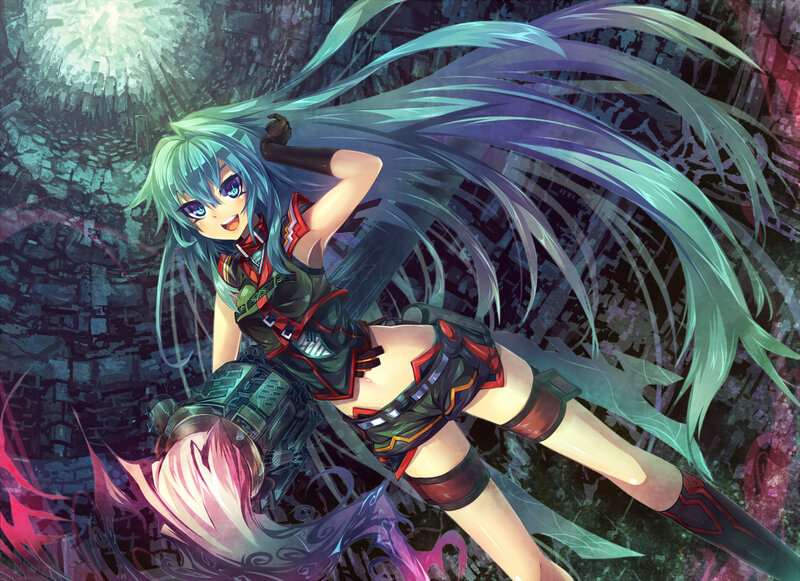 Anime Girl with Long Hair — Green, Dramatic, Digital Art