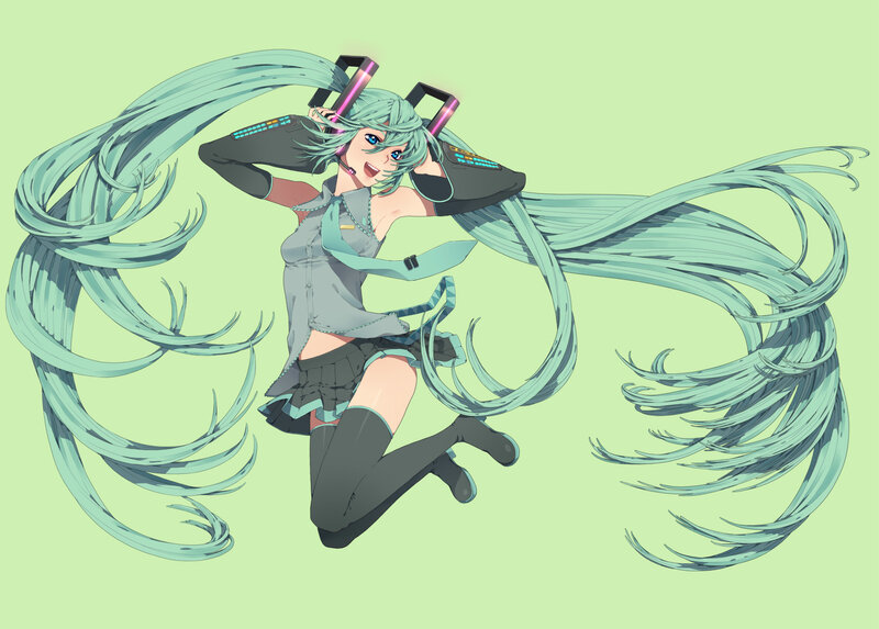 Anime Girl with Long Hair — Green, Playful, Long Hair, Headphones