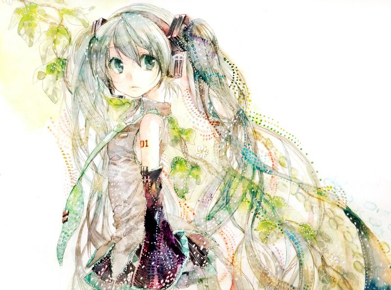 Anime Girl with Long Hair — Green, Serene, Digital Art, Headphones