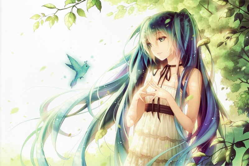 Anime Girl with Long Hair — Green, Serene, Spring, Bird