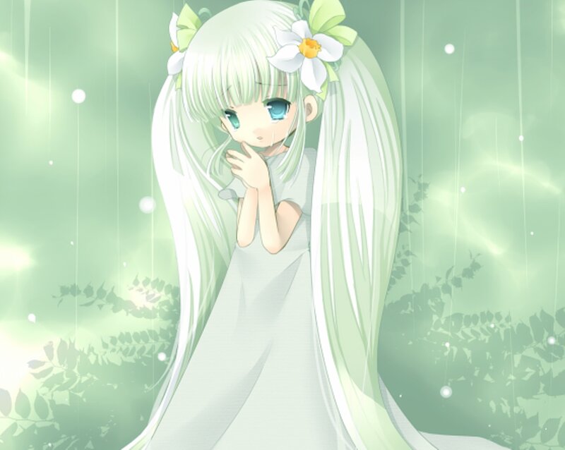Anime Girl with Long Hair — Green, Serene, Spring