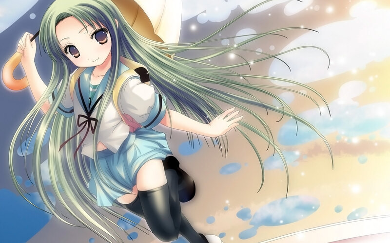 Anime Girl with Long Hair — Green, Serene, Sunset