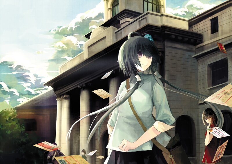 Anime girl with long hair in city