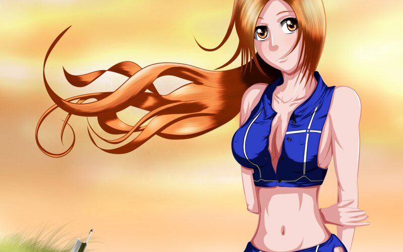 Anime Girl with Long Hair — Orange, Calm, Sunset, Blue Top