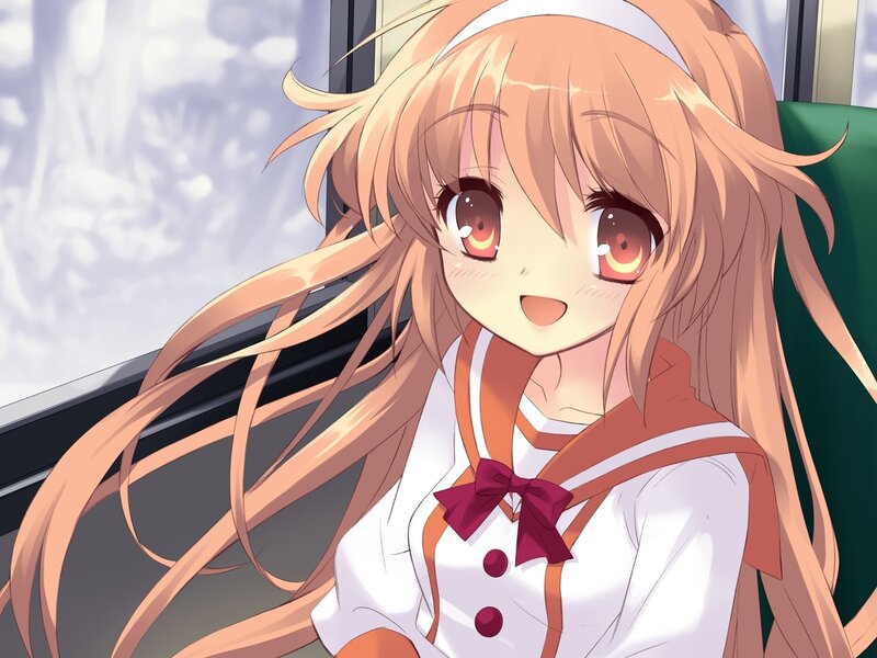Anime Girl with Long Hair — Orange, Cheerful, School Uniform, Window